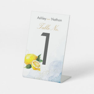 Elegant Lemon Yellow & Blue Watercolor Wedding Pedestal Sign