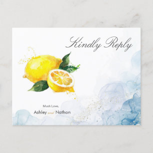 Elegant Lemon Yellow & Blue Watercolor Wedding Postcard