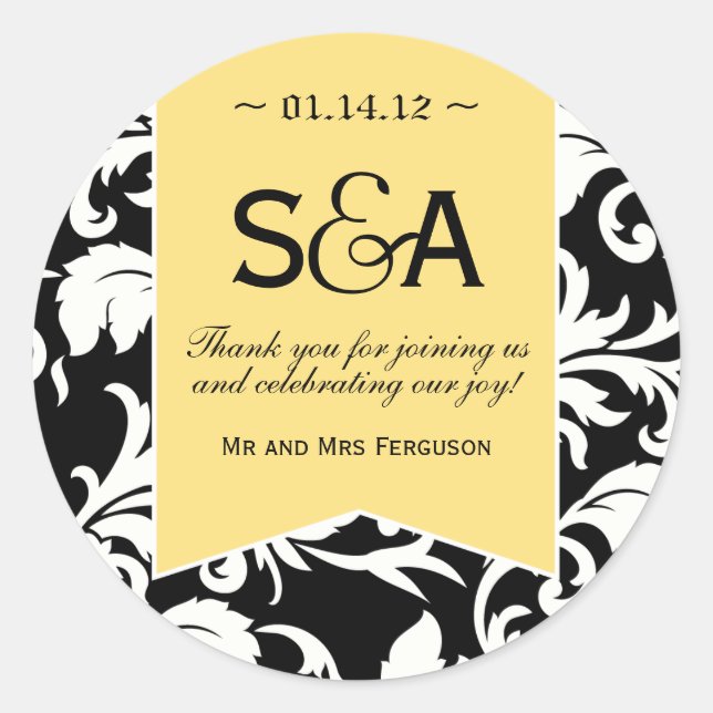 Elegant Lemon Yellow Damask Favour Stickers (Front)