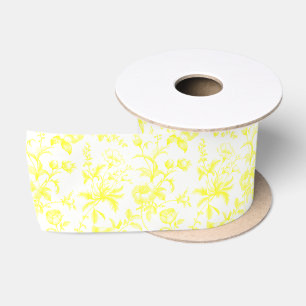 Elegant Lemon Yellow Grandmillennial Toile Floral Satin Ribbon