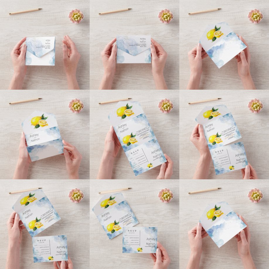 Elegant Lemon Yellow & Green watercolour Wedding All In One Invitation