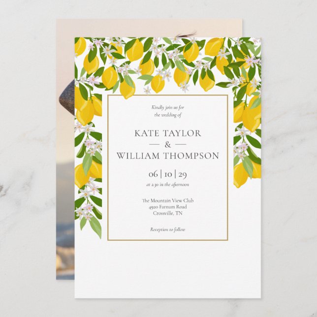 Elegant Lemons Blossom Greenery Photo Wedding Invi Invitation (Front/Back)