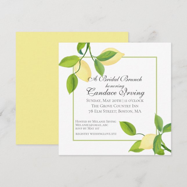 Elegant Lemons Bridal Shower Brunch Invitation (Front/Back)