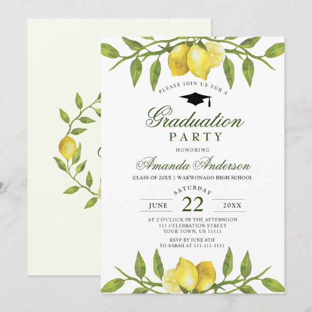 Elegant Lemons Greenery Chic Graduation Party Invitation (Front/Back)