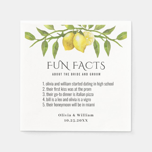 Elegant Lemons Greenery Fun Facts Wedding Napkin (Front)