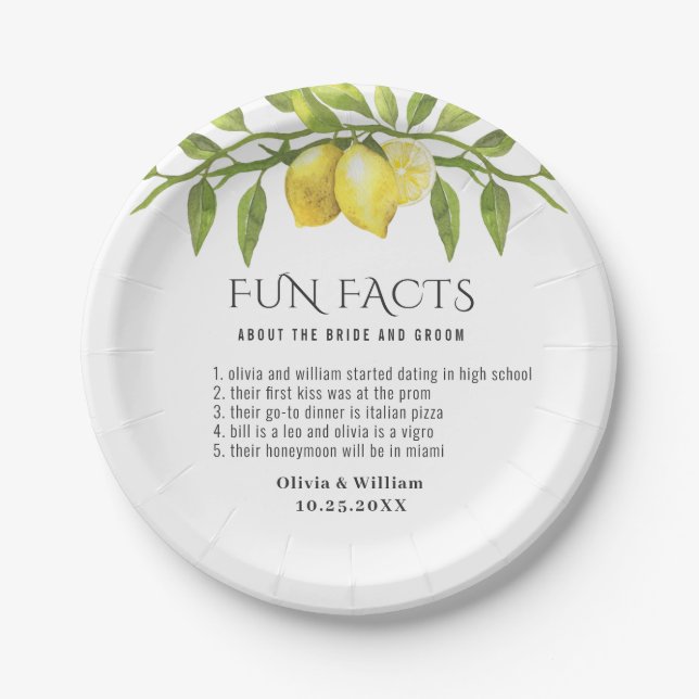 Elegant Lemons Greenery Fun Facts Wedding Paper Plate (Front)