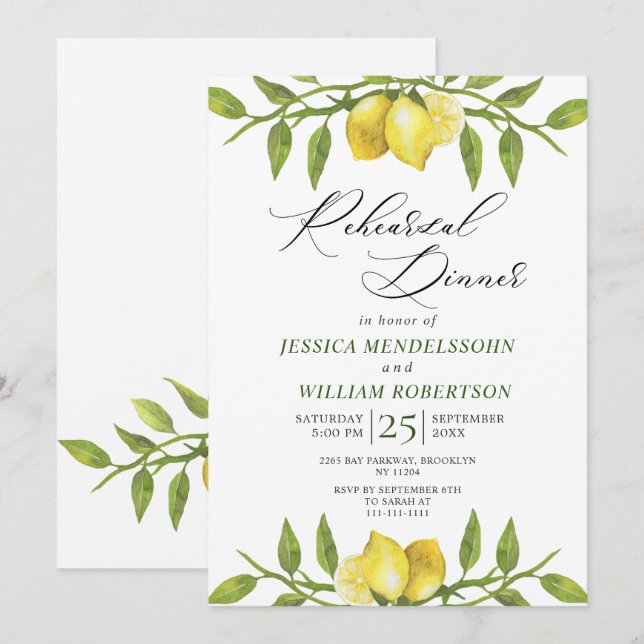 Elegant Lemons Greenery Modern Rehearsal Dinner Invitation (Front/Back)