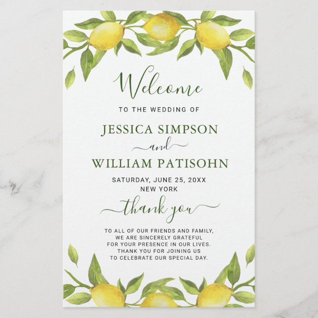 Elegant Lemons Greenery Wedding Ceremony Program (Front)