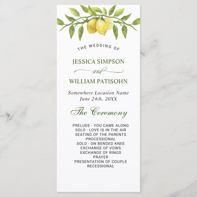 Elegant Lemons Greenery Wedding Ceremony Program Programme (Front)