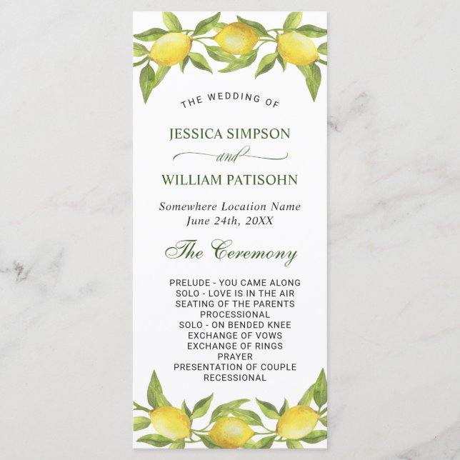 Elegant Lemons Greenery Wedding Ceremony Programme (Front)