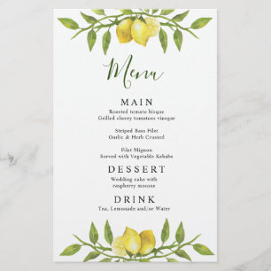 Elegant Lemons Greenery Wedding Dinner Menu