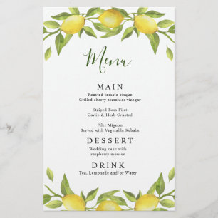 Elegant Lemons Greenery Wedding Dinner Menu