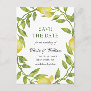 Elegant Lemons Greenery Wedding Save The Date Postcard