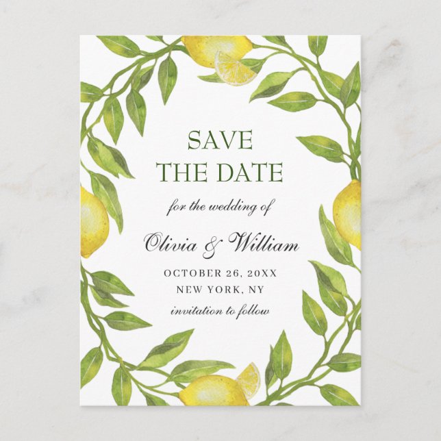 Elegant Lemons Greenery Wedding Save The Date Postcard (Front)