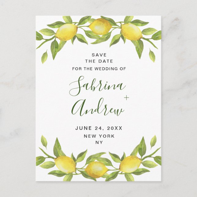 Elegant Lemons Greenery Wedding Save The Date Postcard (Front)