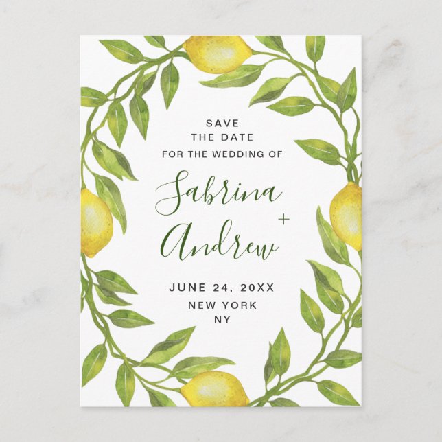 Elegant Lemons Greenery Wedding Save The Date Postcard (Front)