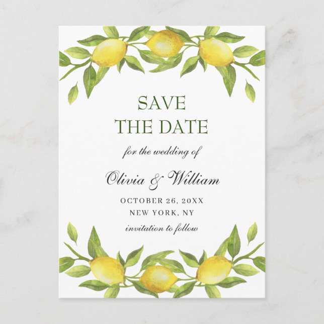 Elegant Lemons Greenery Wedding Save The Date Postcard (Front)