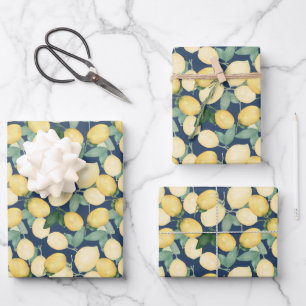 Elegant Lemons on Navy Blue Wrapping Paper Sheet