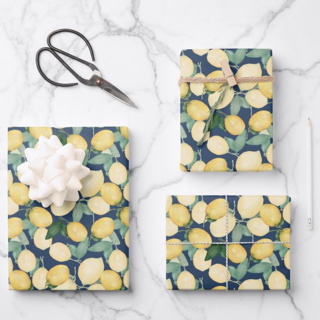 Elegant Lemons on Navy Blue Wrapping Paper Sheet (Front)