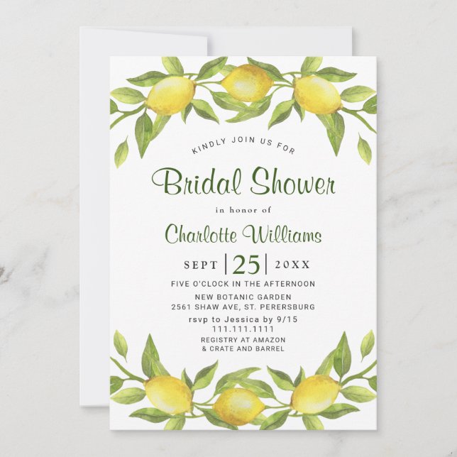 Elegant Lemons Watercolor Greenery BRIDAL SHOWER Invitation (Front)