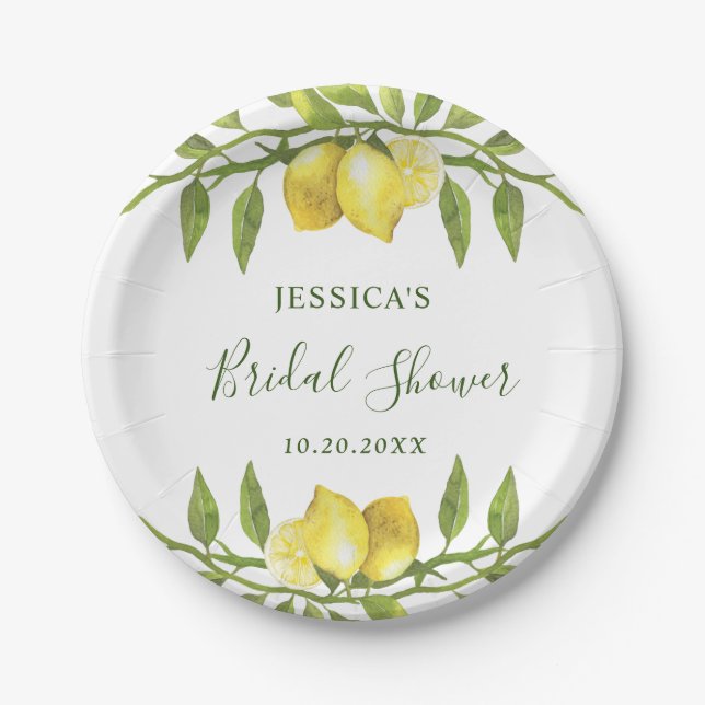Elegant Lemons Watercolor Greenery BRIDAL SHOWER Paper Plate (Front)
