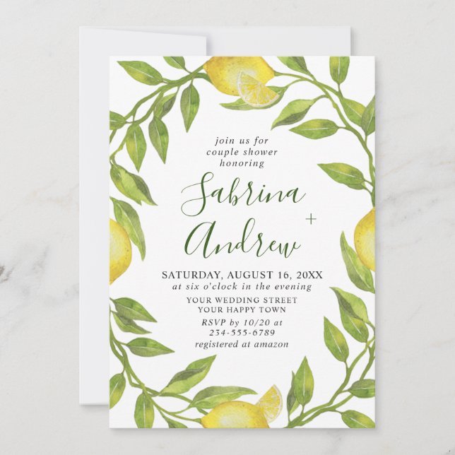 Elegant Lemons Watercolor Greenery COUPLE SHOWER Invitation (Front)