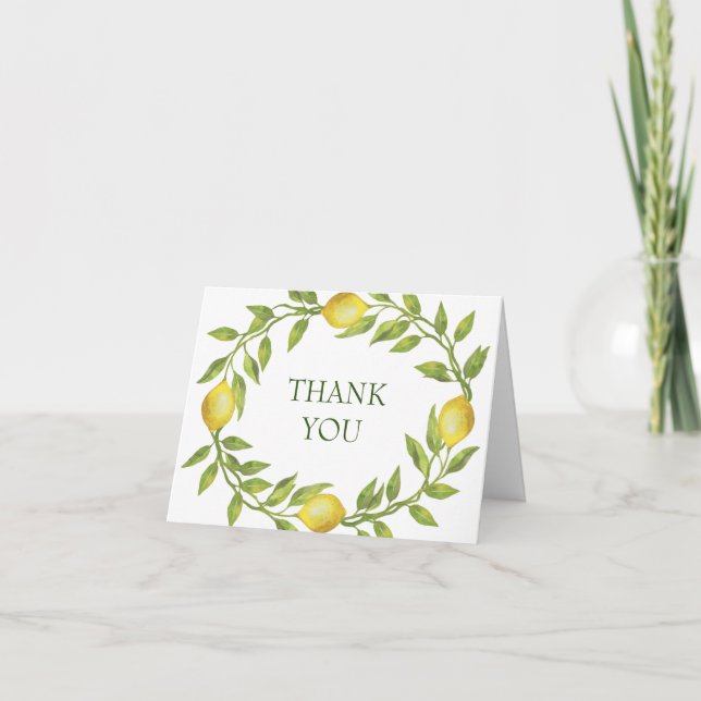 Elegant Lemons Watercolor Greenery Thank You Card (Front)