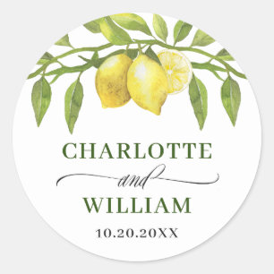 Elegant Lemons Watercolor Greenery Wedding Classic Round Sticker