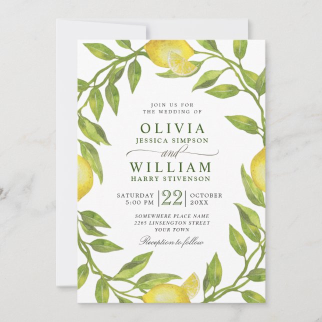 Elegant Lemons Watercolor Greenery Wedding Invitation (Front)
