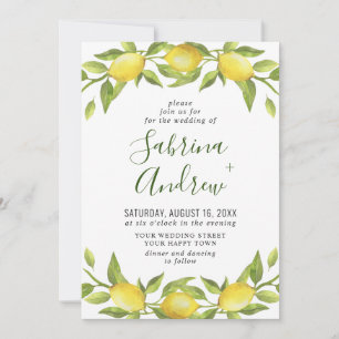 Elegant Lemons Watercolor Greenery Wedding Invitation