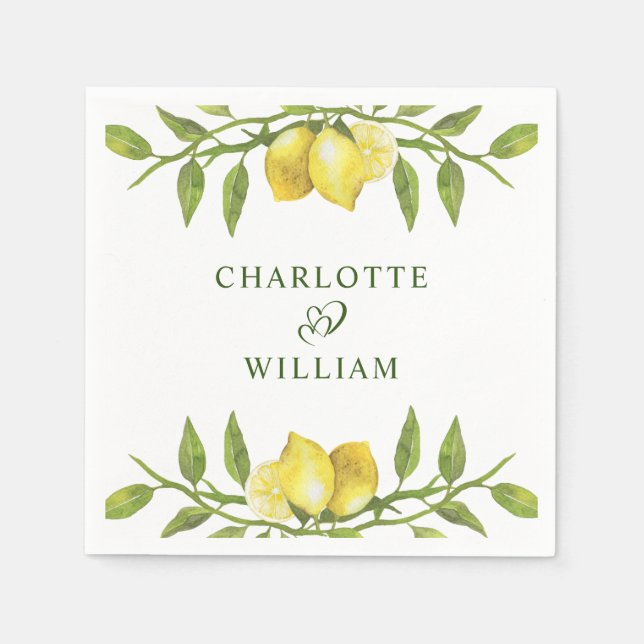 Elegant Lemons Watercolor Greenery Wedding Napkin (Front)
