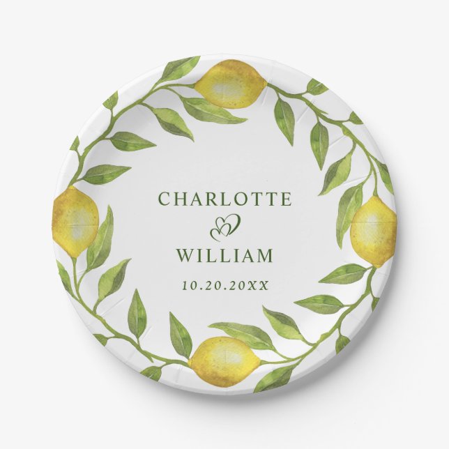 Elegant Lemons Watercolor Greenery Wedding Paper Plate (Front)