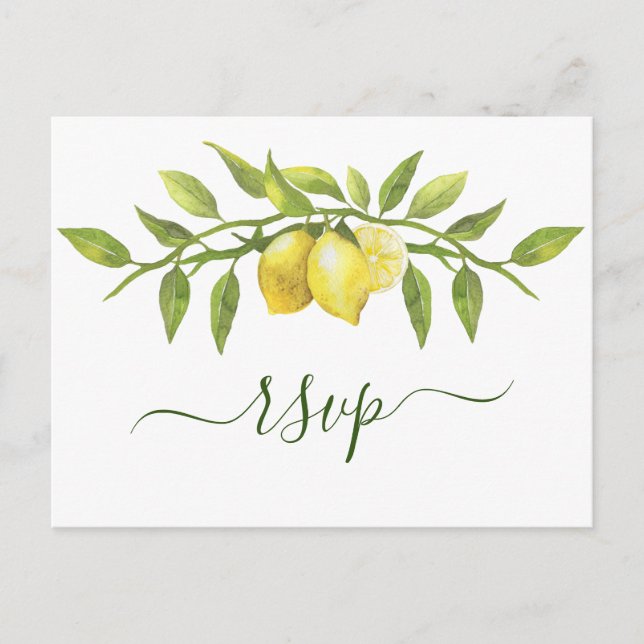 Elegant Lemons Watercolor Greenery Wedding RSVP Postcard (Front)
