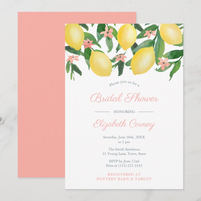 Elegant Lemons With Pink Text Bridal Shower Party  Invitation (Front/Back)