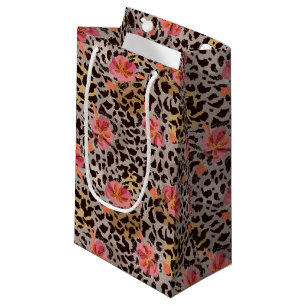 Elegant Leopard Animal Print Tropical Pink Flowers Small Gift Bag