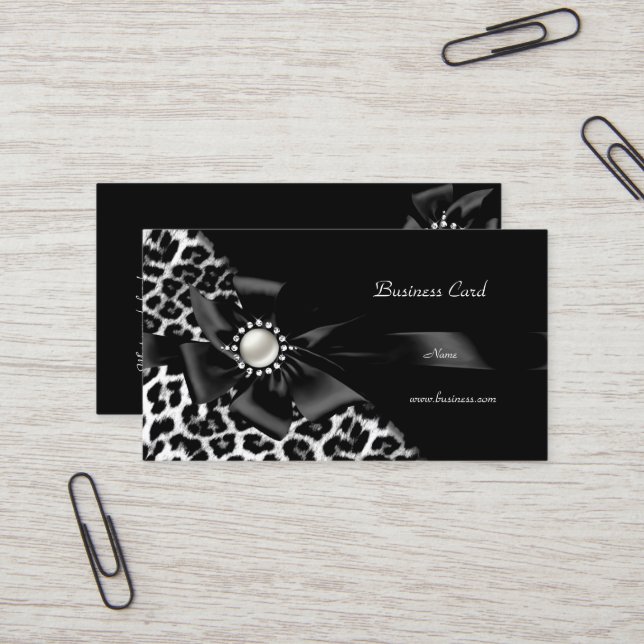 Elegant Leopard Black Silver Diamond Business Card (Front/Back In Situ)