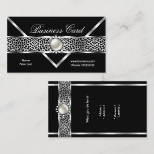 Elegant Leopard Black Silver Diamond Pearl 2 Business Card