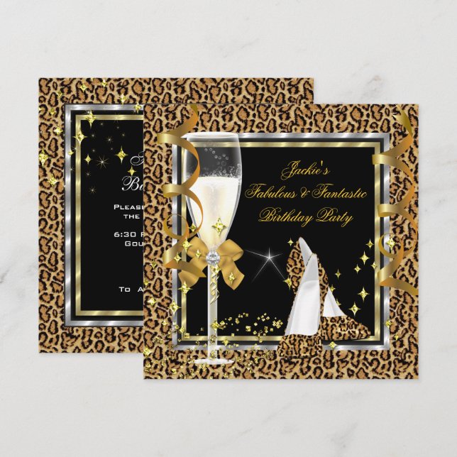 Elegant Leopard Black Silver Gold Birthday Party Invitation (Front/Back)