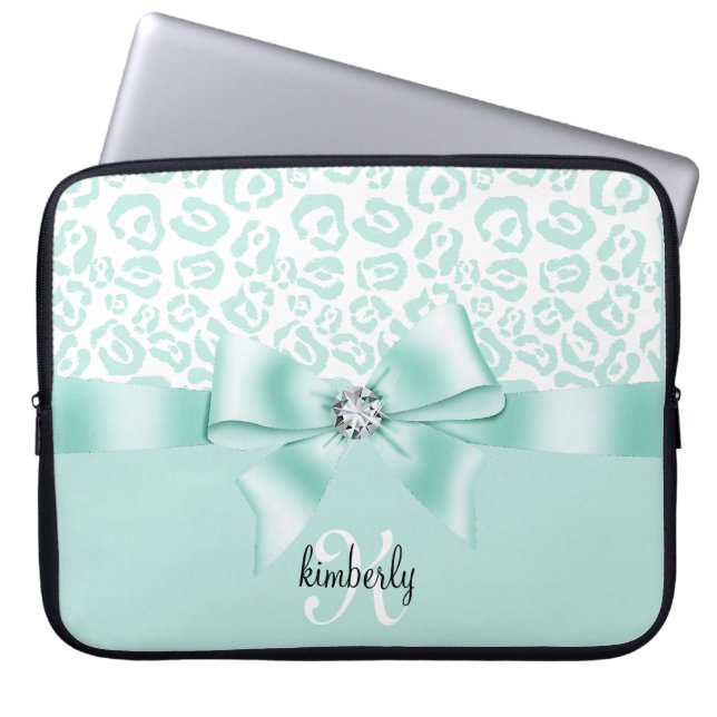 Elegant Leopard Bow & Diamond Personalised Girly Laptop Sleeve (Front)