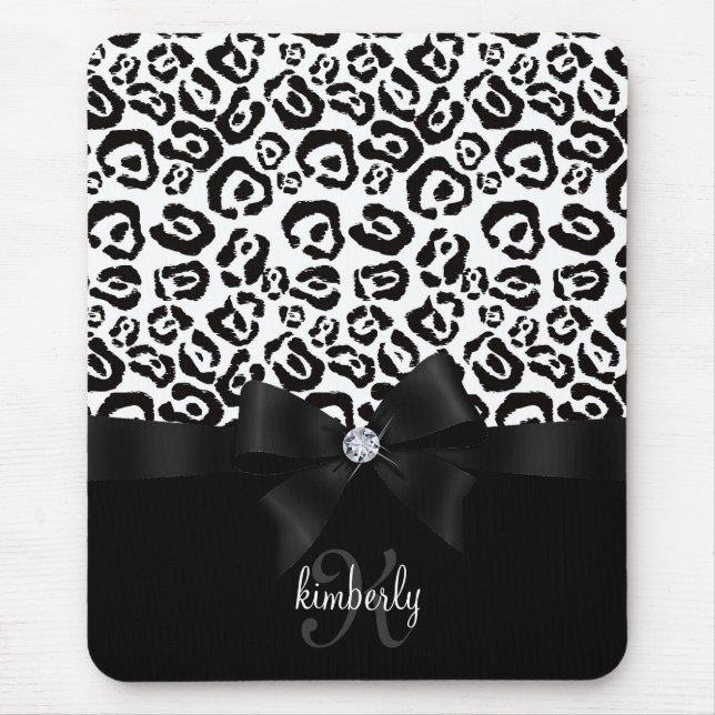 Elegant Leopard Bow & Diamond Personalised Girly Mouse Mat (Front)