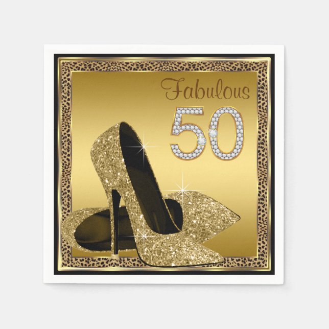Elegant Leopard Gold High Heel 50th Birthday Party Napkin (Front)