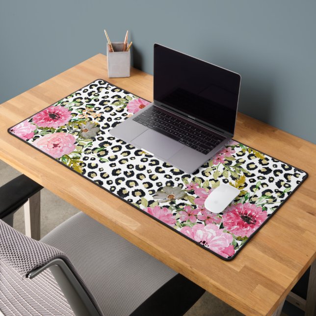 Elegant Leopard Print and Floral Design Desk Mat (Office 2)