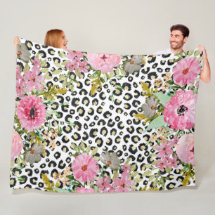 Elegant Leopard Print and Floral Design Fleece Blanket