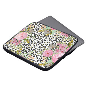 Elegant leopard print and floral design laptop sleeve