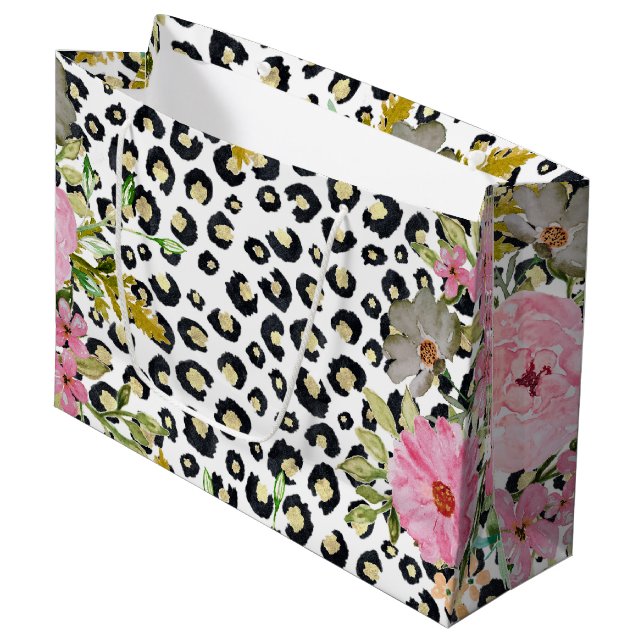 Elegant Leopard Print and Floral Design Large Gift Bag (Front Angled)