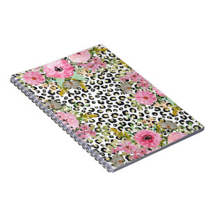 Elegant Leopard Print and Floral Design Notebook