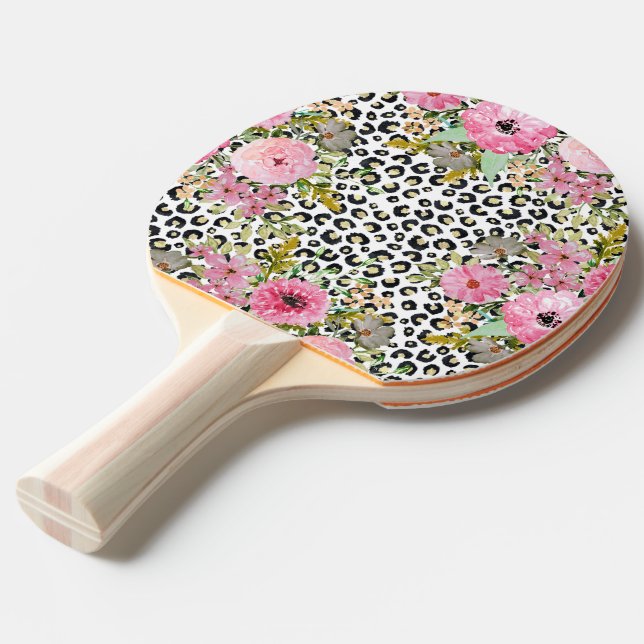 Elegant Leopard Print and Floral Design Ping Pong Paddle (Front Angle)