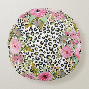 Elegant Leopard Print and Floral Design Round Cushion