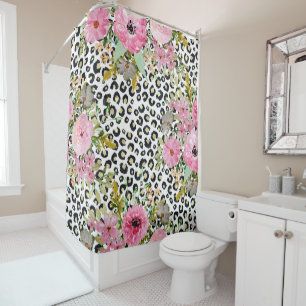 Elegant Leopard Print and Floral Design Shower Curtain