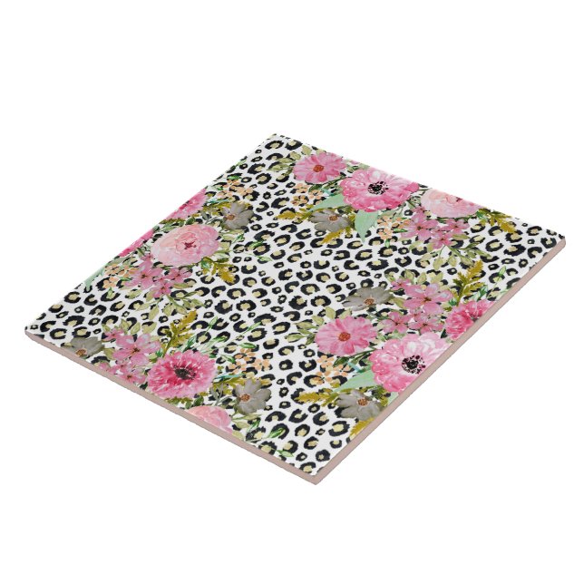Elegant Leopard Print and Floral Design Tile (Side)